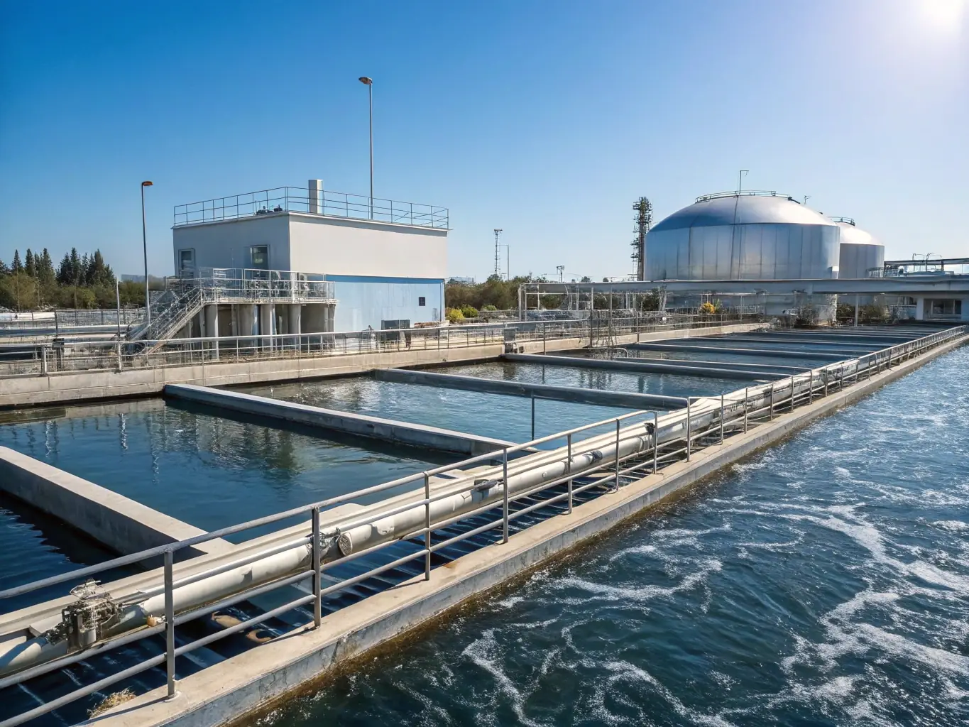 A photograph of a water treatment facility, showing the filtration and purification processes that require reliable valve systems.